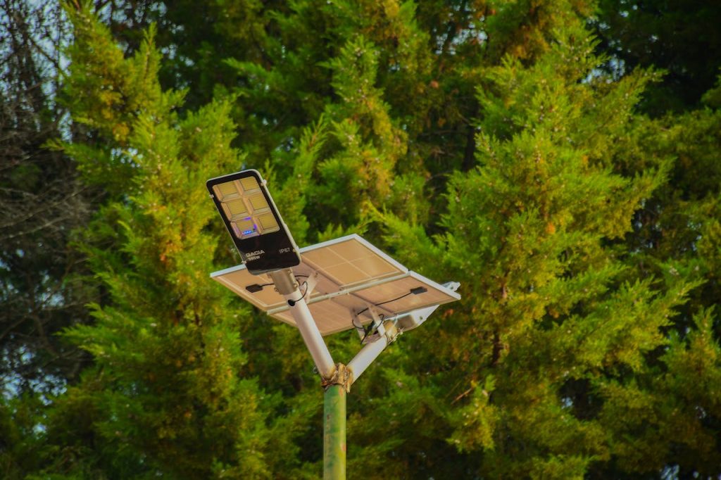 Crafting Captivating Headlines: Your awesome post title goes here A solar-powered street light set against vibrant green conifer trees, symbolizing sustainable energy.